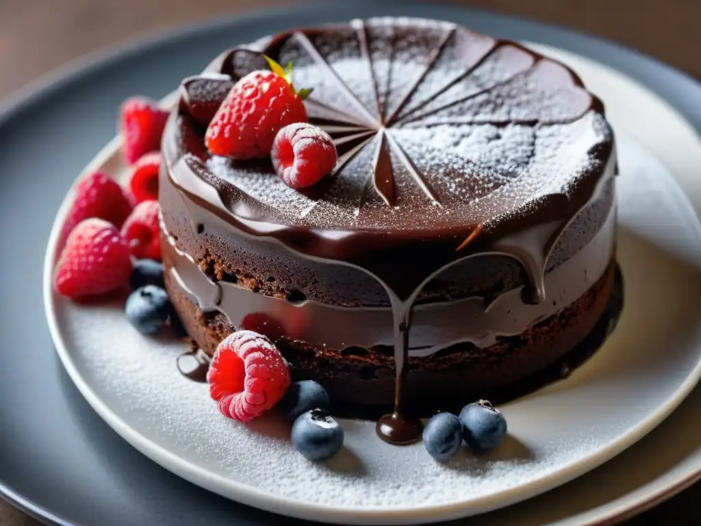 Un exquisito pastel de chocolate sin gluten con ganache brillante y frambuesas frescas, sobre un elegante plato blanco moderno