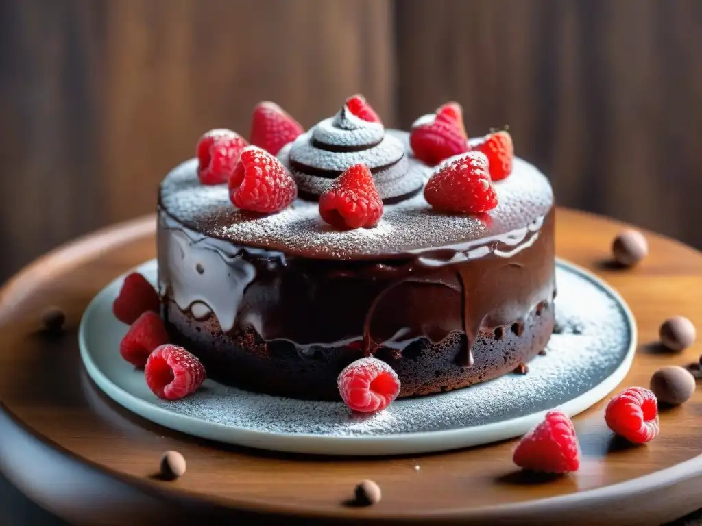 Un exquisito pastel de chocolate sin gluten, cubierto de ganache brillante y frambuesas frescas, sobre una mesa rústica