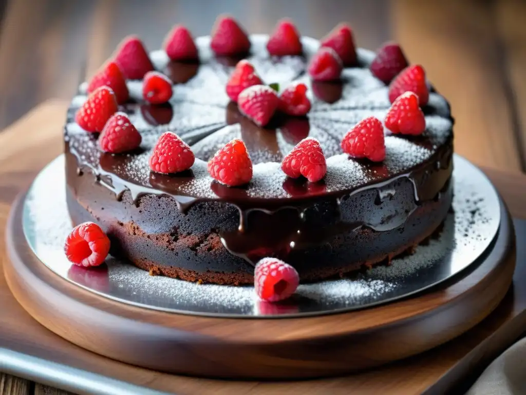 Un exquisito pastel de chocolate sin harina con frambuesas frescas y azúcar glas, en mesa rústica