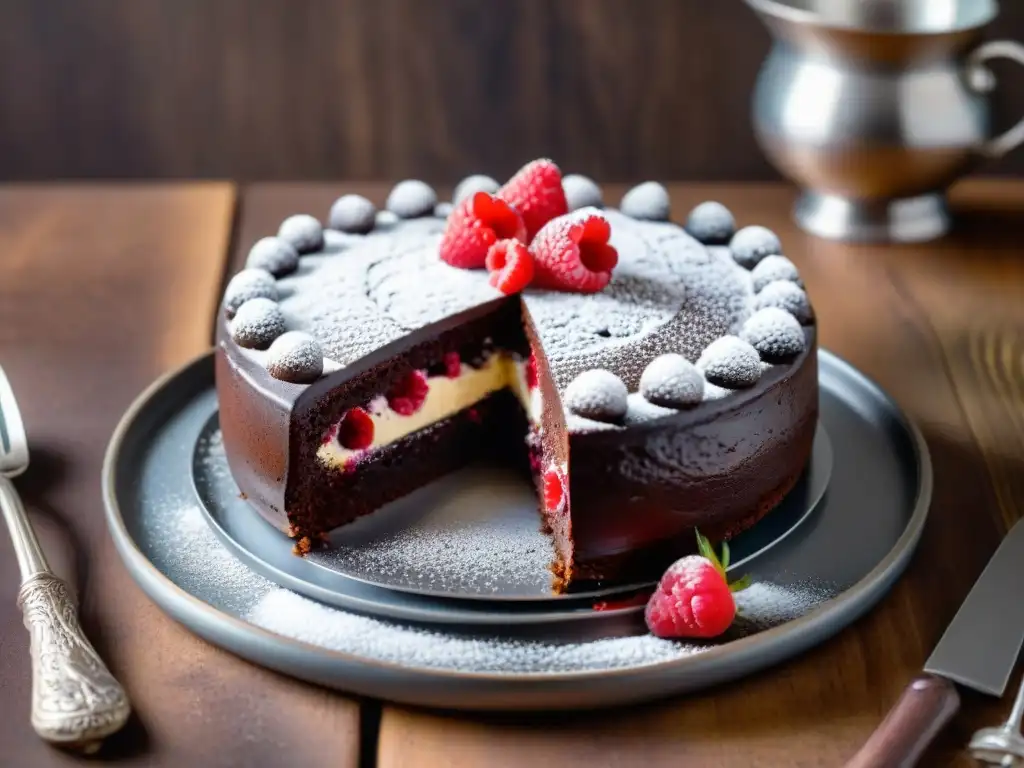 Un exquisito pastel de chocolate sin harina con frambuesas frescas y azúcar glas, en una mesa rústica