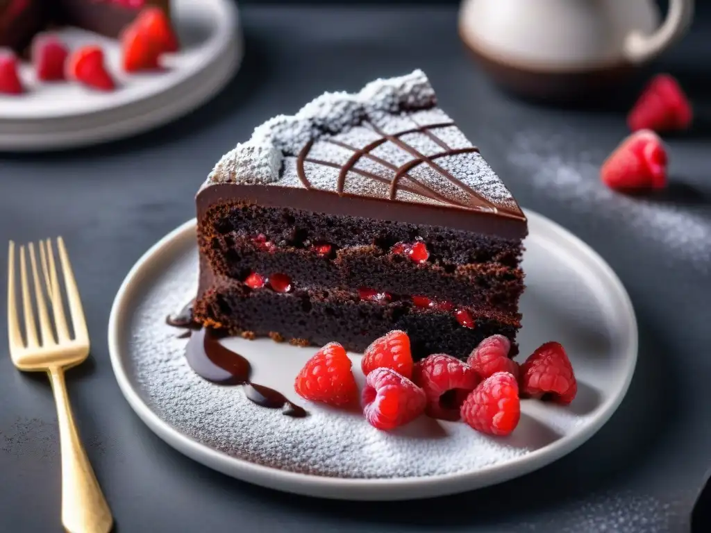 Un exquisito pastel de chocolate sin harina con frambuesas frescas, espolvoreado con azúcar glass, en un plato blanco elegante