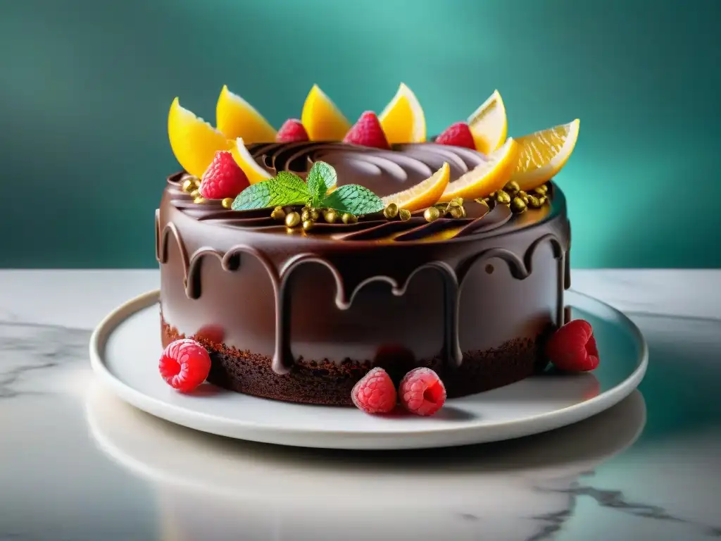 Un exquisito pastel de chocolate con rizos de chocolate y hojas de oro, rodeado de cacao, frambuesas y menta