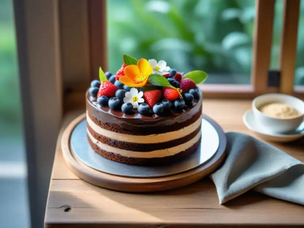 Un exquisito pastel sin gluten decorado con frutas y flores, en una mesa rústica