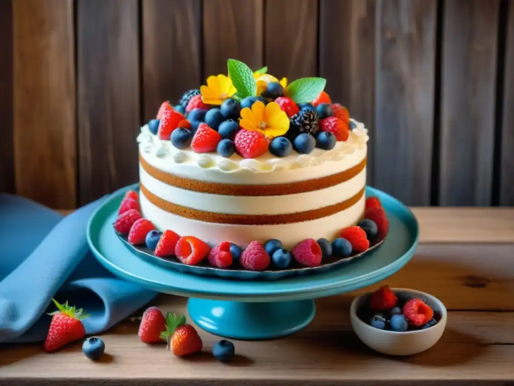 Un exquisito pastel sin gluten decorado con frutas frescas y flores comestibles, sobre una mesa de madera rústica