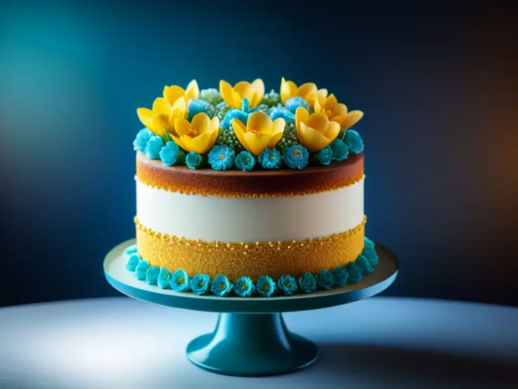 Un exquisito pastel sin gluten decorado con flores y detalles elegantes, fusionando innovación y tradición en repostería