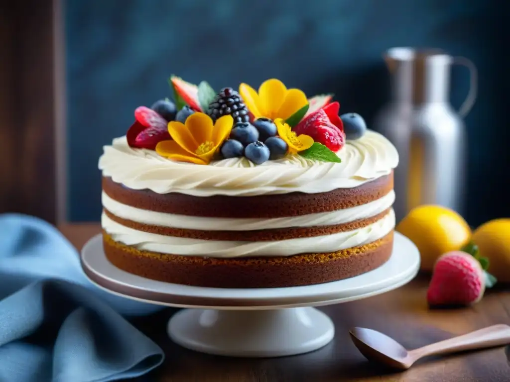 Un exquisito pastel sin gluten decorado con flores comestibles y frutas frescas en un soporte de madera rústico