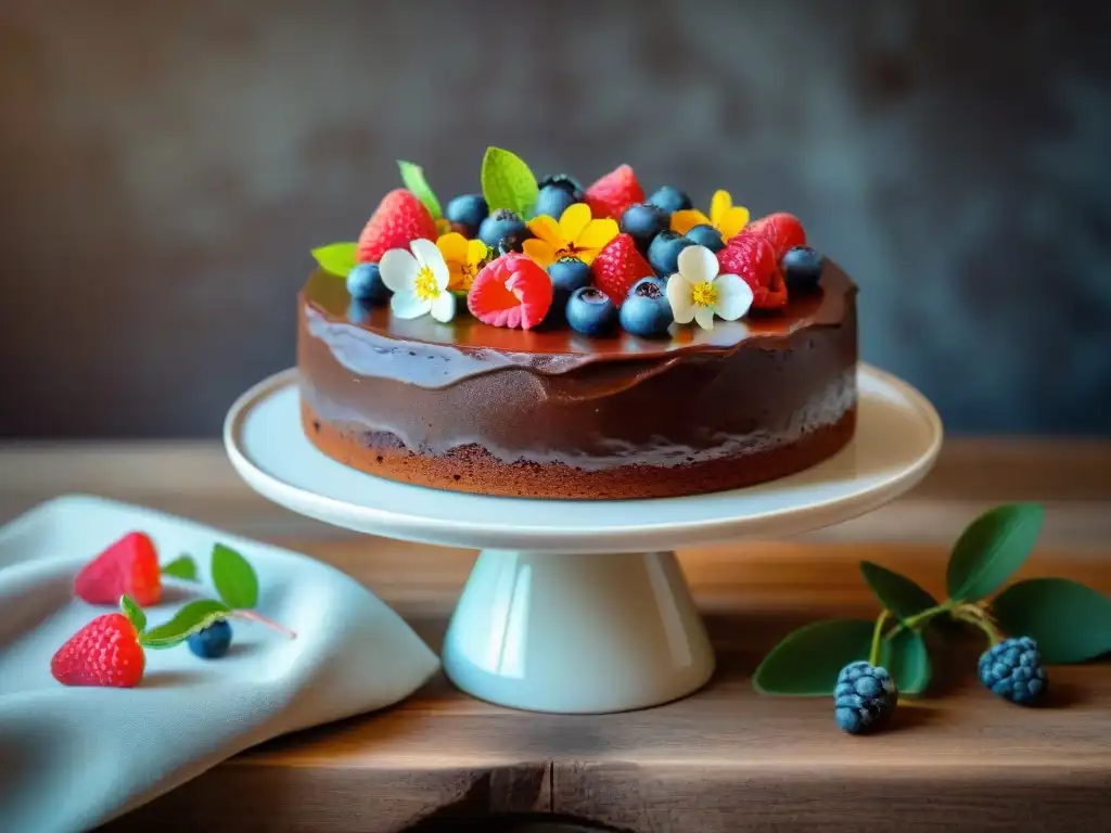 Un exquisito pastel sin gluten decorado con frutas y flores, en una mesa de madera rústica