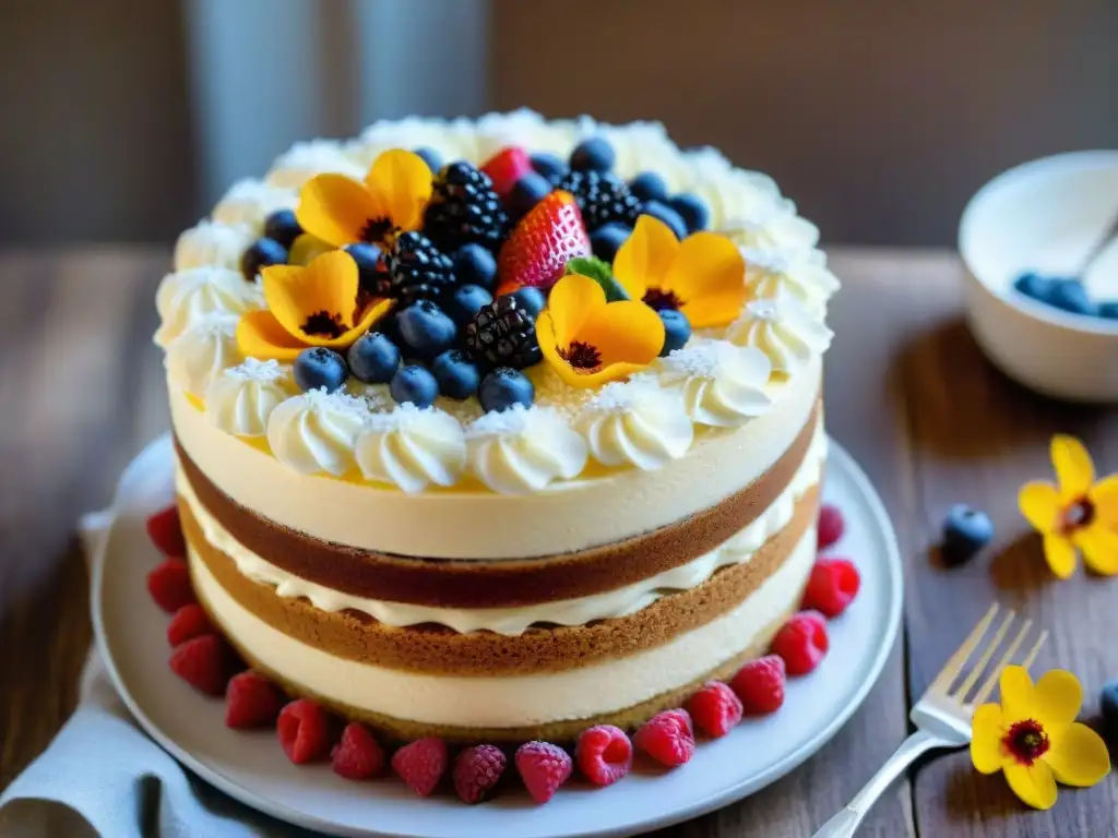 Exquisito pastel sin gluten de tres leches decorado con frutas y flores, un deleite elegante