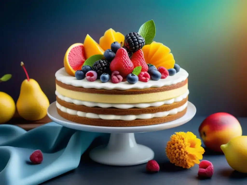 Un exquisito pastel sin gluten rodeado de frutas y flores, ¡Recetas innovadoras sin gluten!