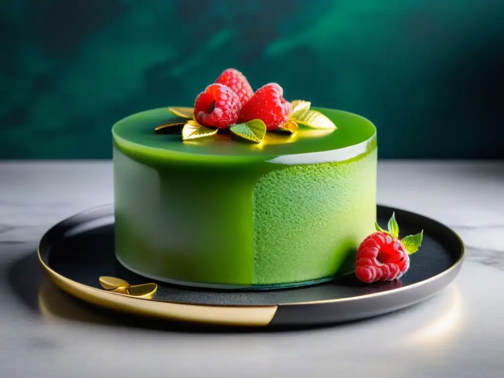 Un exquisito pastel japonés de té matcha sin gluten con hojas de oro, frambuesas y menta fresca en un plato negro moderno