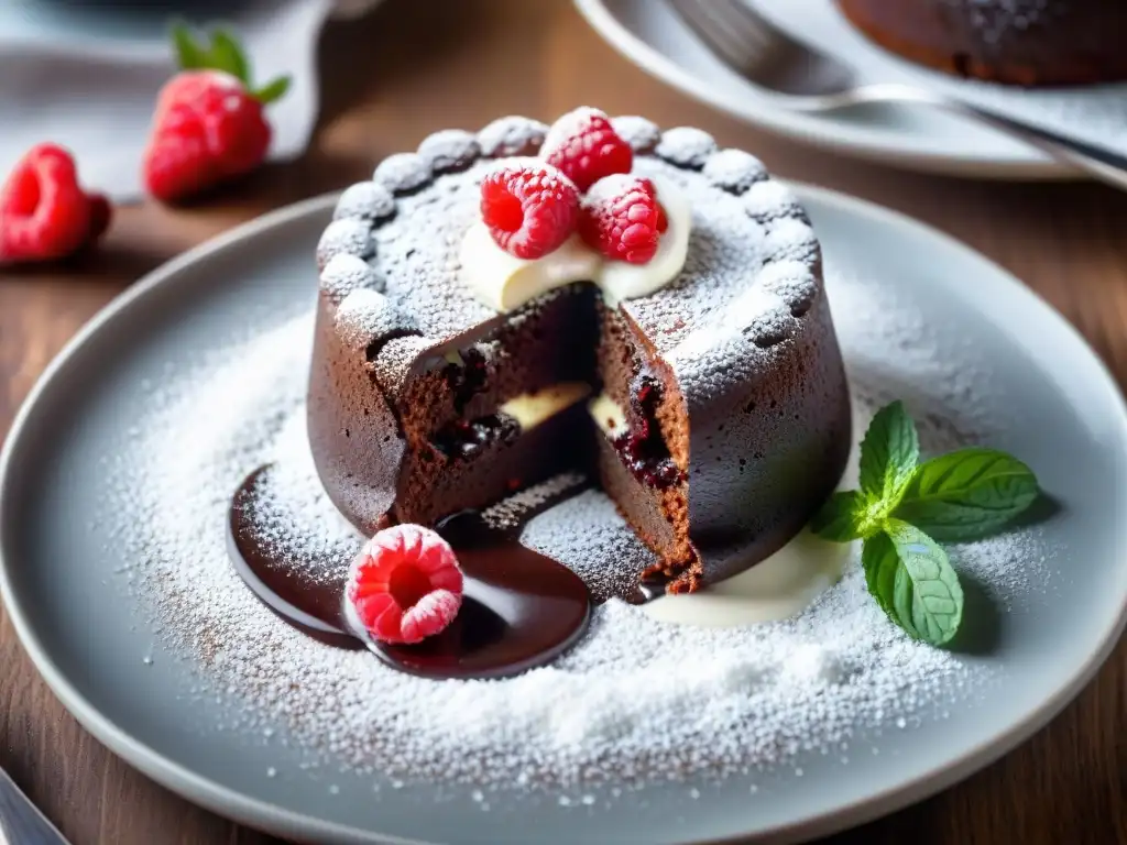 Un exquisito pastel de lava de chocolate sin gluten con helado de vainilla y frambuesas frescas, representando recetas sin gluten innovadoras