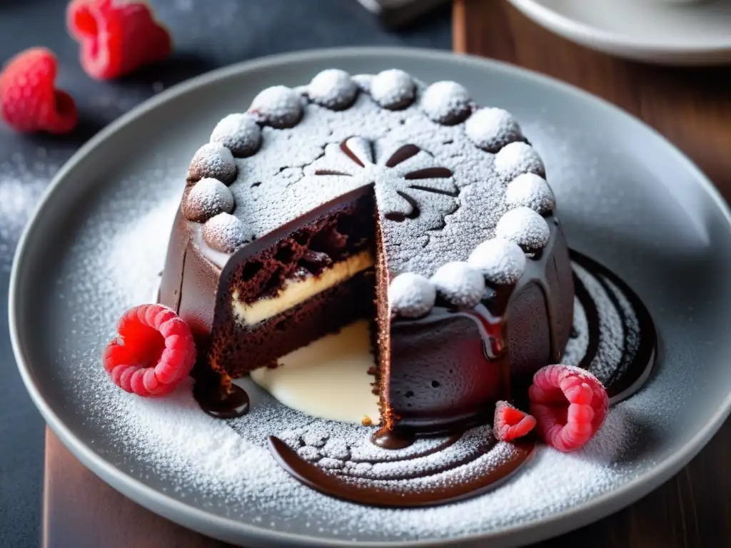 Un exquisito pastel de lava de chocolate sin gluten, bajo en carbohidratos, con un centro fundido perfecto y una decoración de azúcar glas