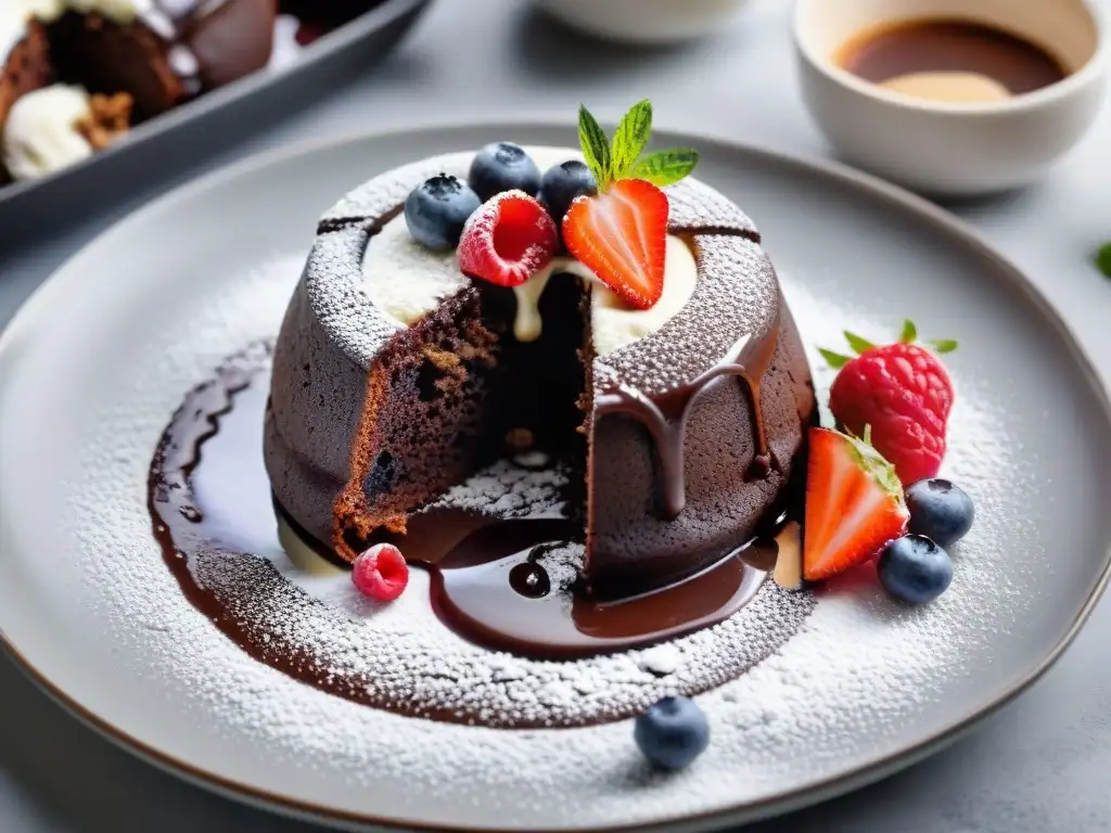 Un exquisito pastel de lava de chocolate sin gluten, con helado de vainilla y frutos rojos, bajo en carbohidratos