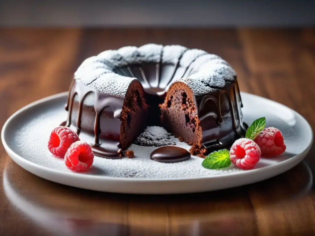 Un exquisito pastel de lava de chocolate rodeado de frambuesas y hojas de menta, destacando su textura brillante y su delicioso relleno