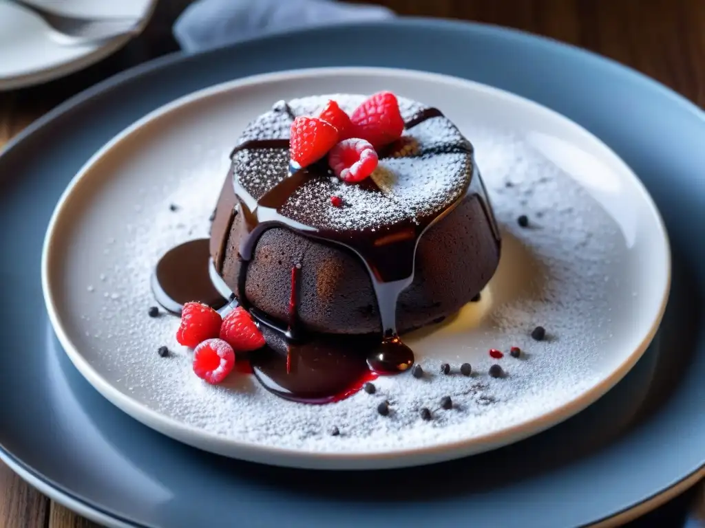 Un exquisito pastel de lava de chocolate sin gluten, decorado con coulis de frambuesa y frutas frescas