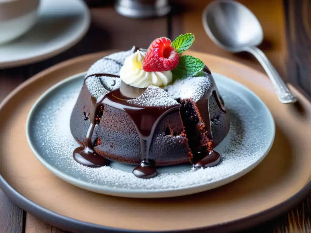 Un exquisito pastel de lava de chocolate sin gluten, con helado y frutas, ideal para 'Recetas dulces sin gluten innovadoras'