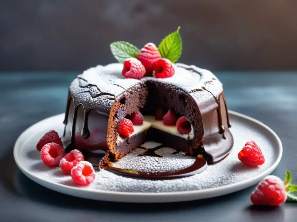 Un exquisito pastel de lava de chocolate con frambuesas frescas y azúcar glass, en un plato blanco elegante