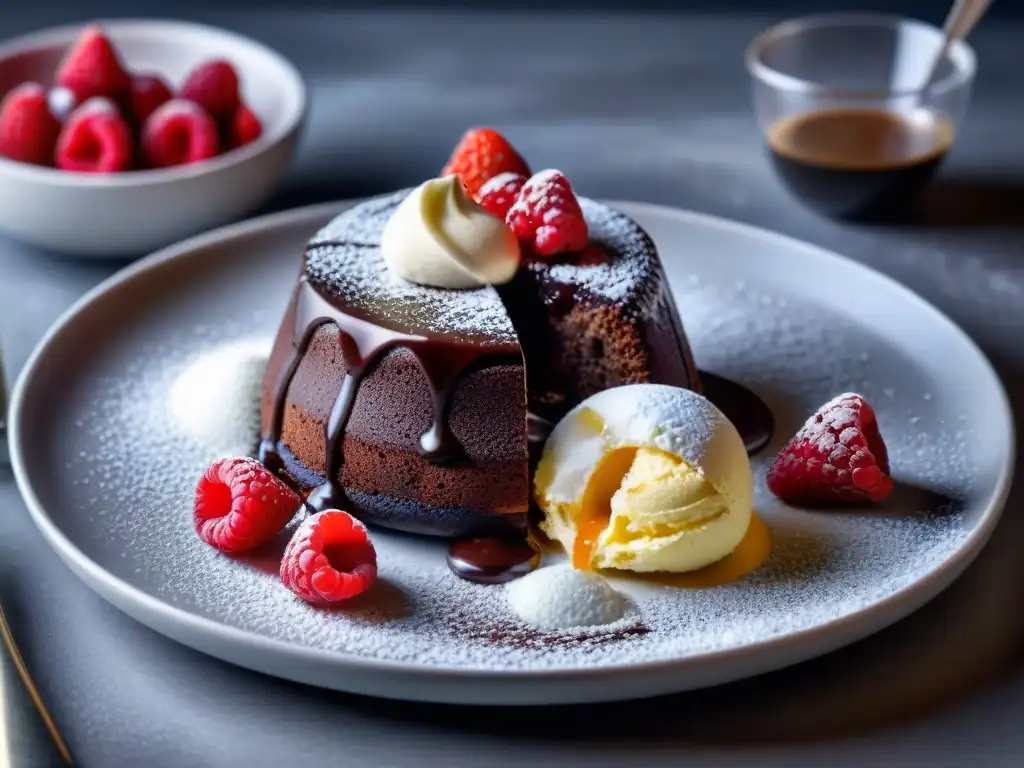 Un exquisito pastel de lava de chocolate sin gluten, con helado de vainilla y frambuesas frescas, en un plato blanco moderno