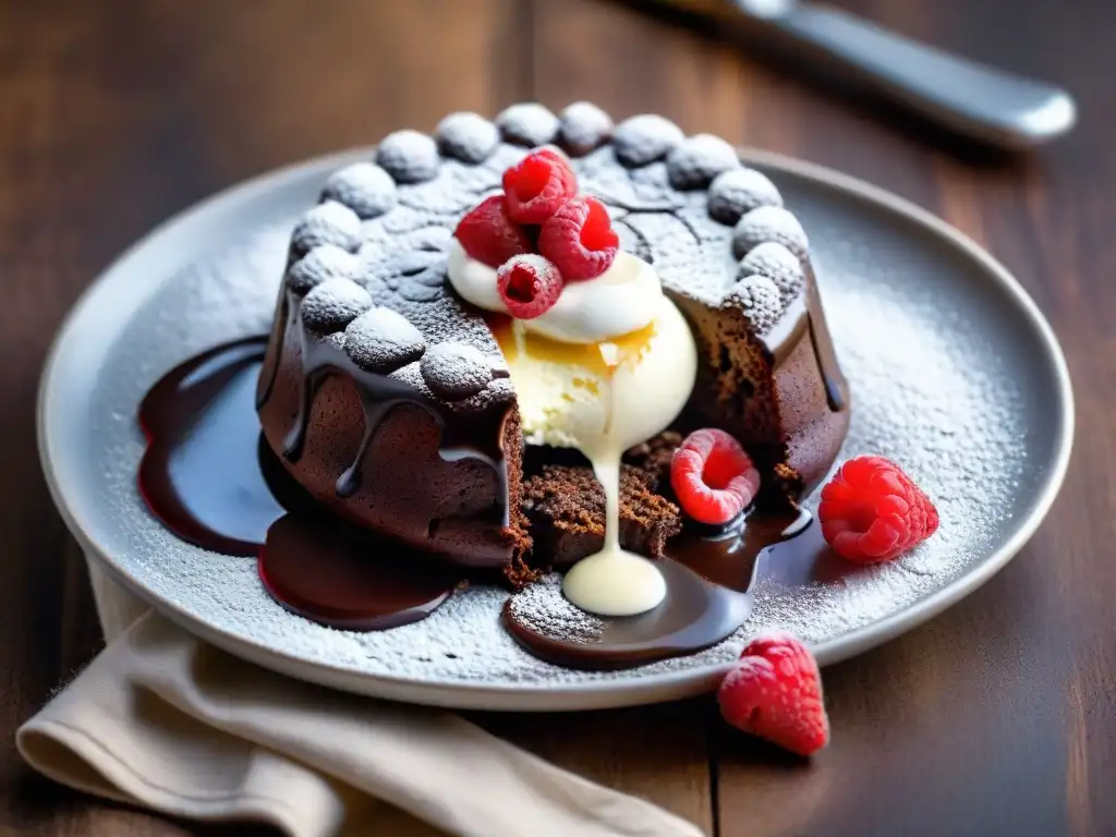 Un exquisito pastel de lava de chocolate sin gluten, con helado de vainilla, frambuesas frescas y azúcar glass