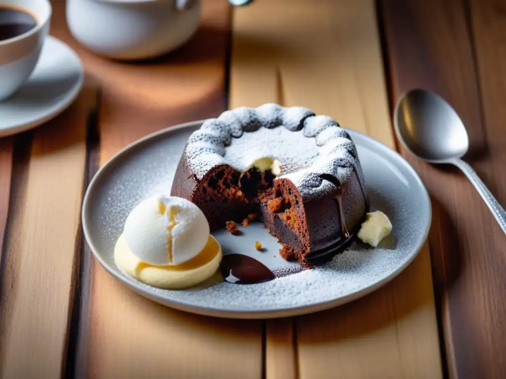 Un exquisito pastel de lava de chocolate sin gluten, con helado de vainilla, en un acogedor ambiente de cocina