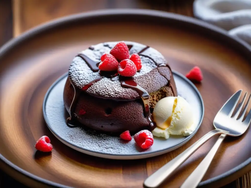 Un exquisito pastel de lava de chocolate sin gluten con helado de vainilla y frambuesas frescas