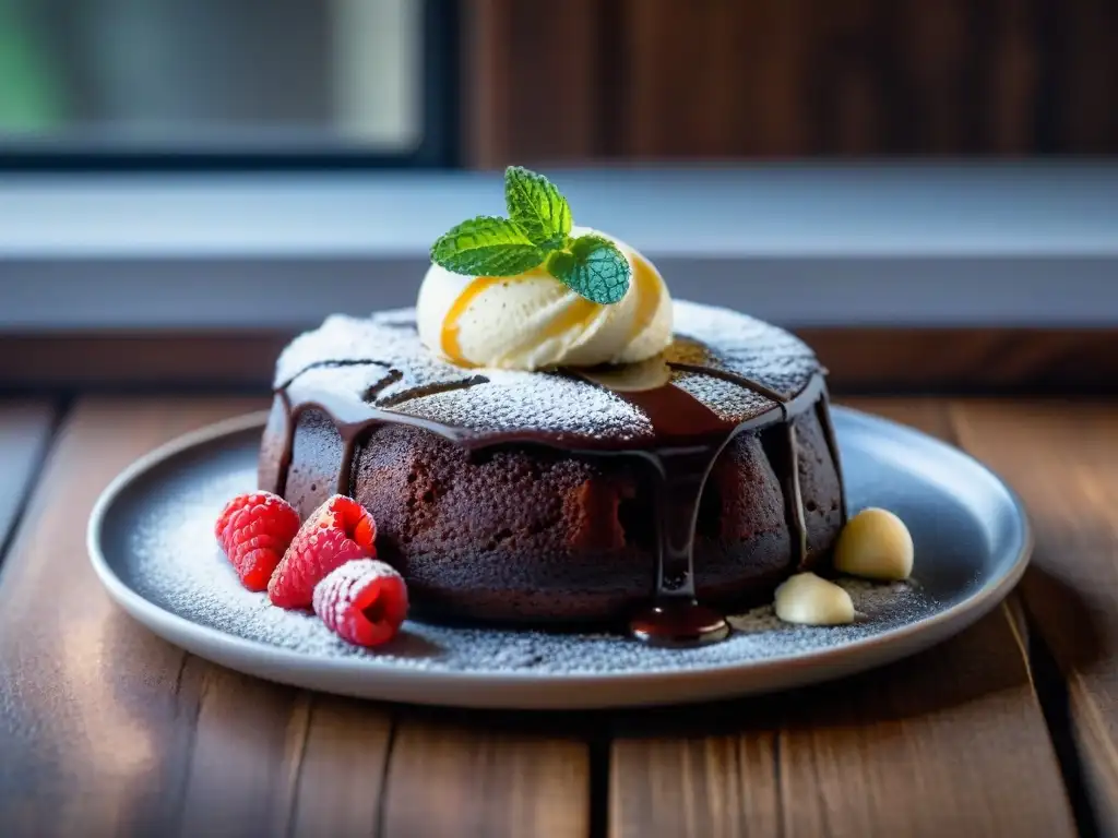 Un exquisito pastel de lava de chocolate acompañado de helado de vainilla, frambuesas frescas y hojas de menta en una mesa de madera rústica