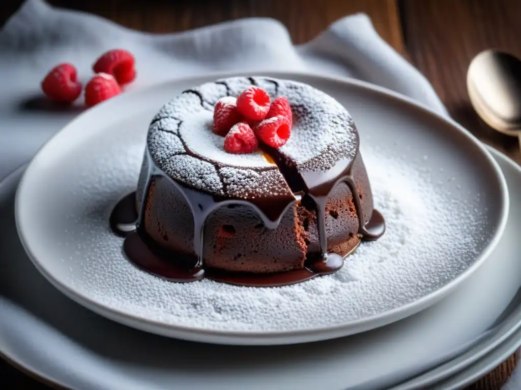 Un exquisito pastel lava de chocolate sin gluten, con centro fundido, frambuesas frescas y azúcar glass