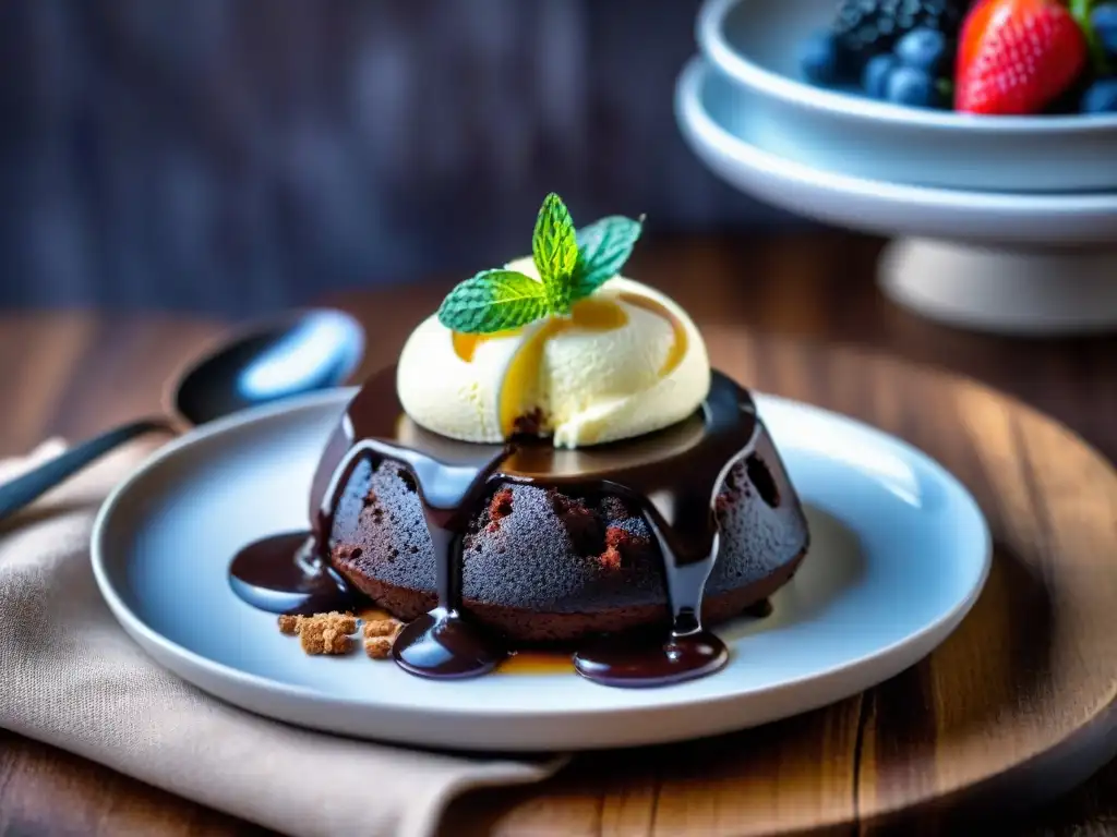 Un exquisito pastel de lava de chocolate sin gluten, acompañado de helado de vainilla y frutos rojos, en una mesa de madera rústica con luz suave