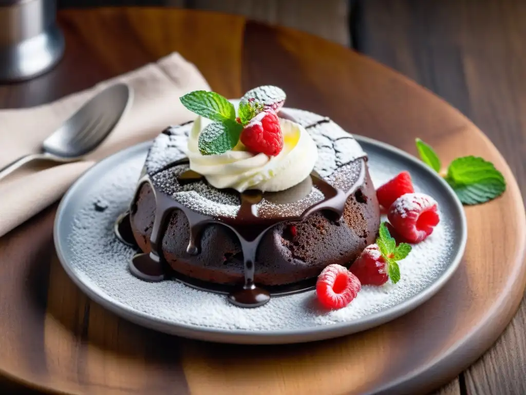 Un exquisito pastel de lava de chocolate sin gluten, con helado de vainilla, frambuesas y menta