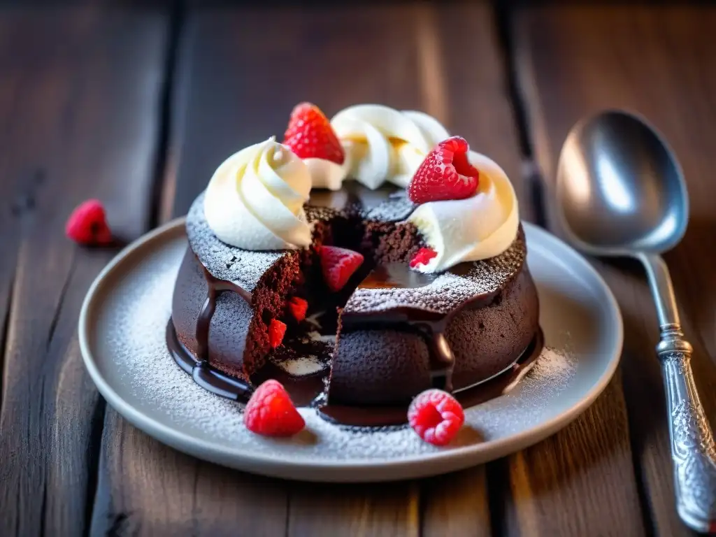 Un exquisito pastel de lava de chocolate sin gluten, con helado de vainilla y frambuesas frescas, en una mesa rústica iluminada por velas