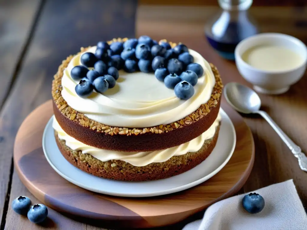 Un exquisito pastel de linaza sin gluten, con crema de coco y arándanos frescos, en una mesa rústica