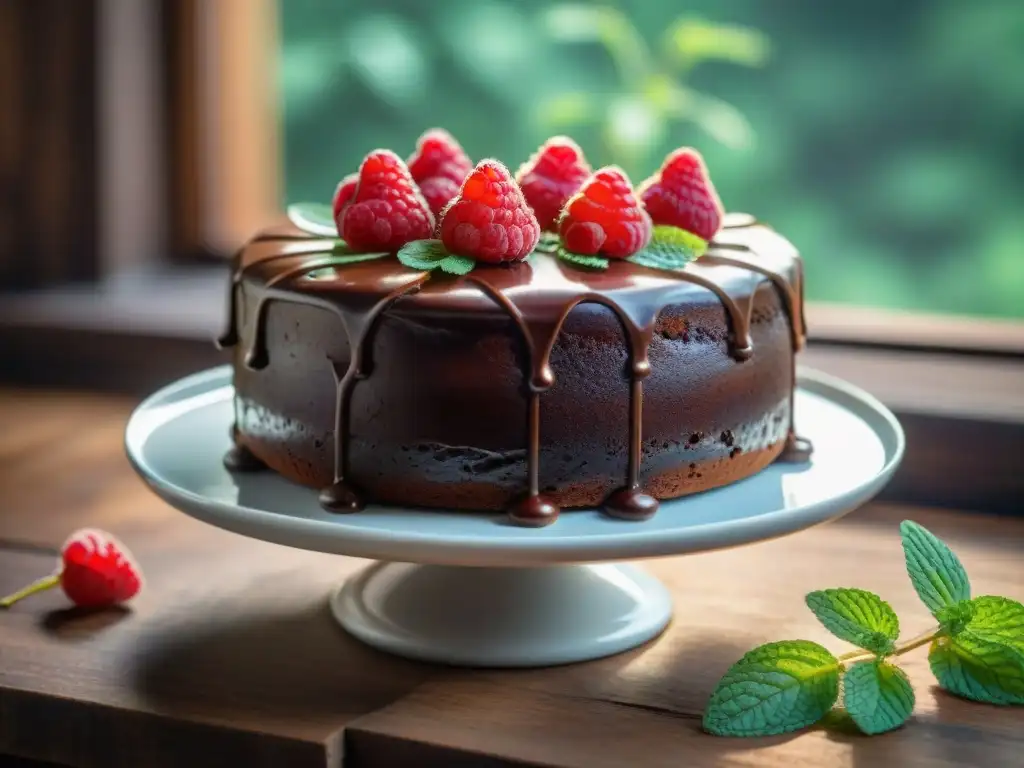 Un exquisito pastel vegano sin gluten, decorado con frambuesas y hojas de menta, en una mesa de madera rústica con luz natural