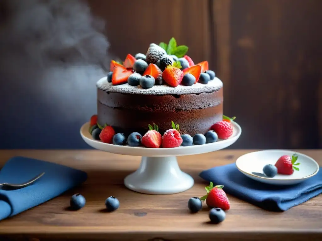 Un exquisito pastel vegano sin gluten decorado con frutas frescas, sobre una mesa rústica con un juego de té vintage en el fondo