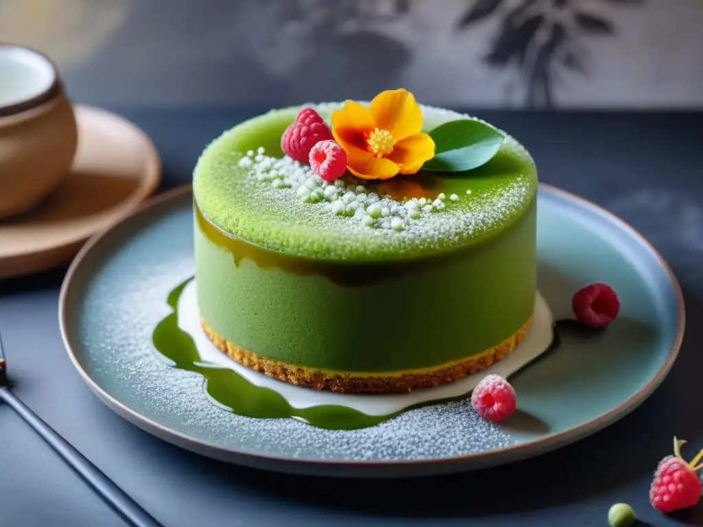 Un exquisito pastel de té verde japonés sin gluten con decoración de flores y frambuesas frescas, sobre plato de cerámica y pinceles de caligrafía