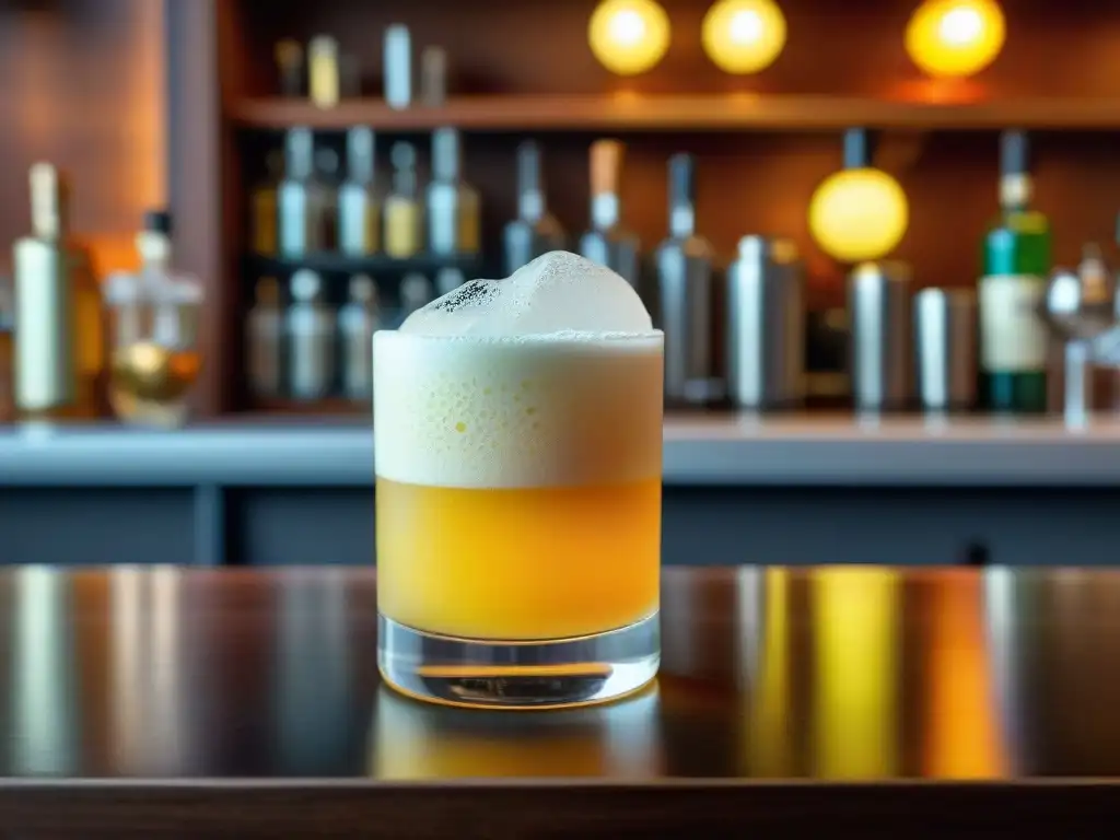 Un exquisito Pisco Sour sin gluten en una elegante coctelería sudamericana