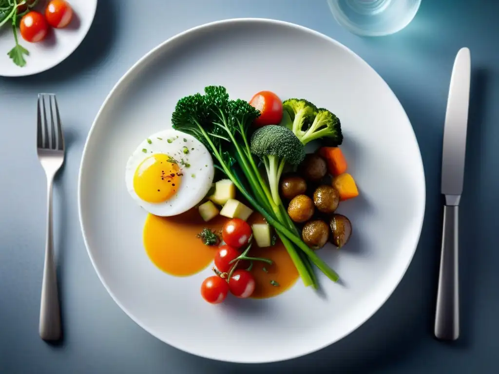 Un exquisito plato bajo en gluten FODMAP: colorido, vibrante y artísticamente presentado en un elegante plato blanco moderno