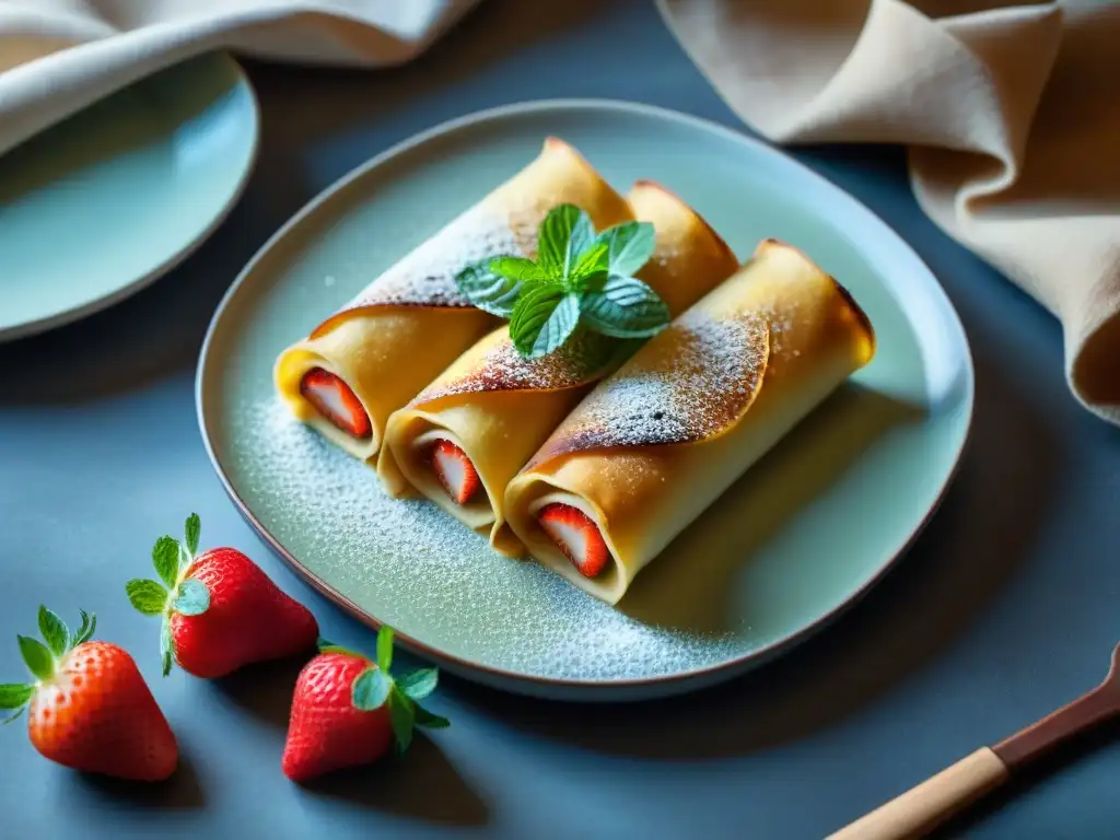 Un exquisito plato de canelones dulces sin gluten, rellenos de crema pastelera, canela, fresas y hojas de menta en una cocina acogedora