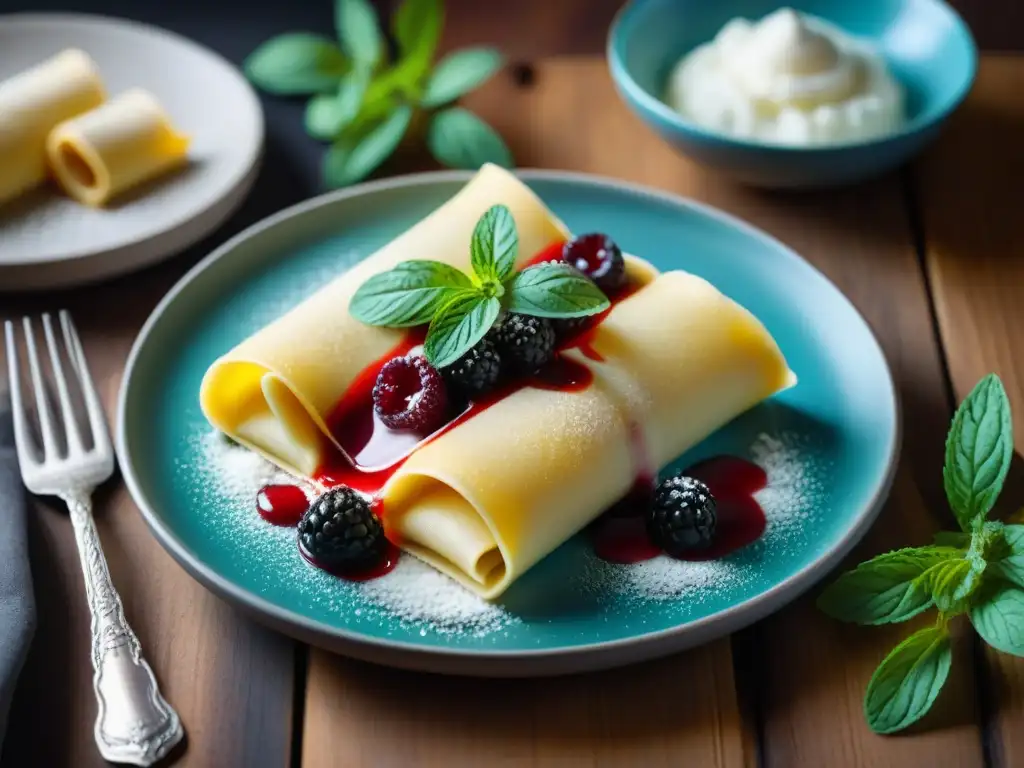 Un exquisito plato de canelones dulces sin gluten, con ricota cremosa y compota de bayas, sobre mesa rústica iluminada