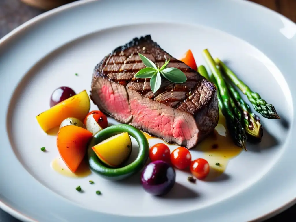 Un exquisito plato con un filete sous vide perfectamente cocido y verduras asadas, en una cocina elegante