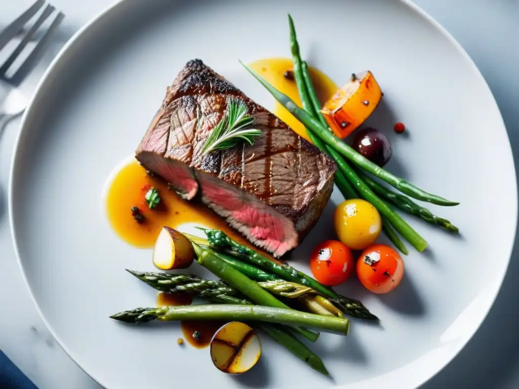 Un exquisito plato de sousvide sin gluten con steak y vegetales asados, creando una composición innovadora y deliciosa