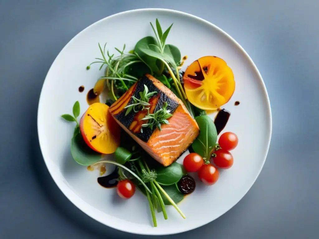 Exquisito plato sin gluten con salmón, tomates, rúcula y batatas, ideal en restaurantes recomendados