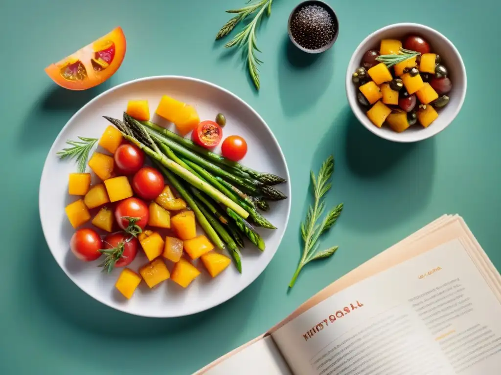 Plato sin gluten: Colorida obra de arte culinaria Un exquisito plato sin gluten con tomates, espárragos, calabaza y romero, en una cocina cálida