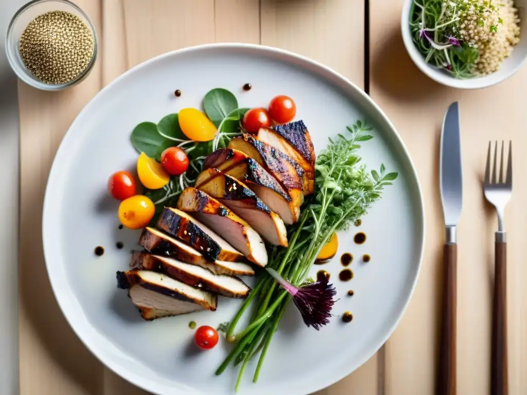 Un exquisito plato sin gluten con vegetales, pollo, quinoa y balsámico, ideal para platos sin gluten restaurantes recomendados