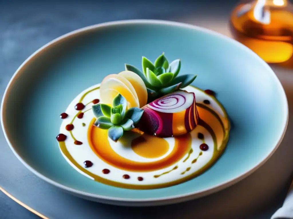 Un exquisito plato gourmet con emulsiones sin gluten y vegetales frescos en un elegante ambiente culinario