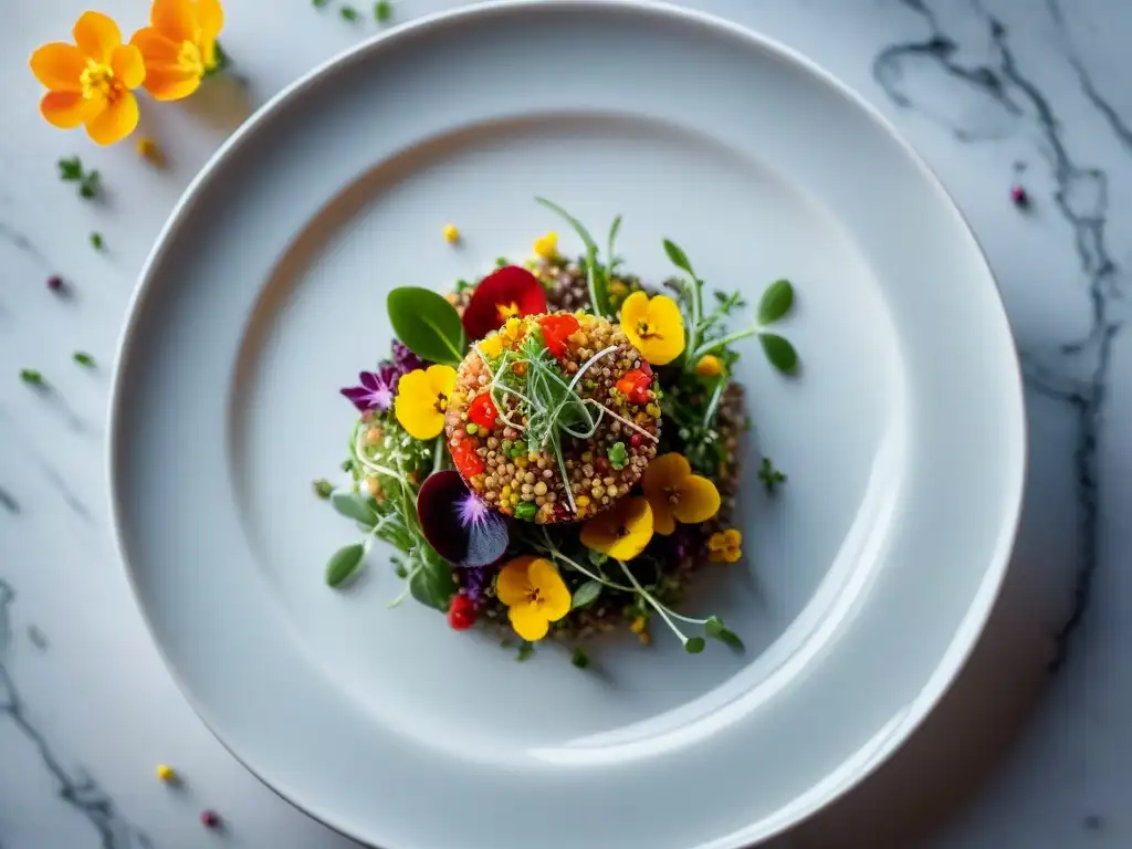 Un exquisito plato gourmet de ensalada de quinua con vegetales asados, microgreens y flores comestibles en un plato de porcelana blanco