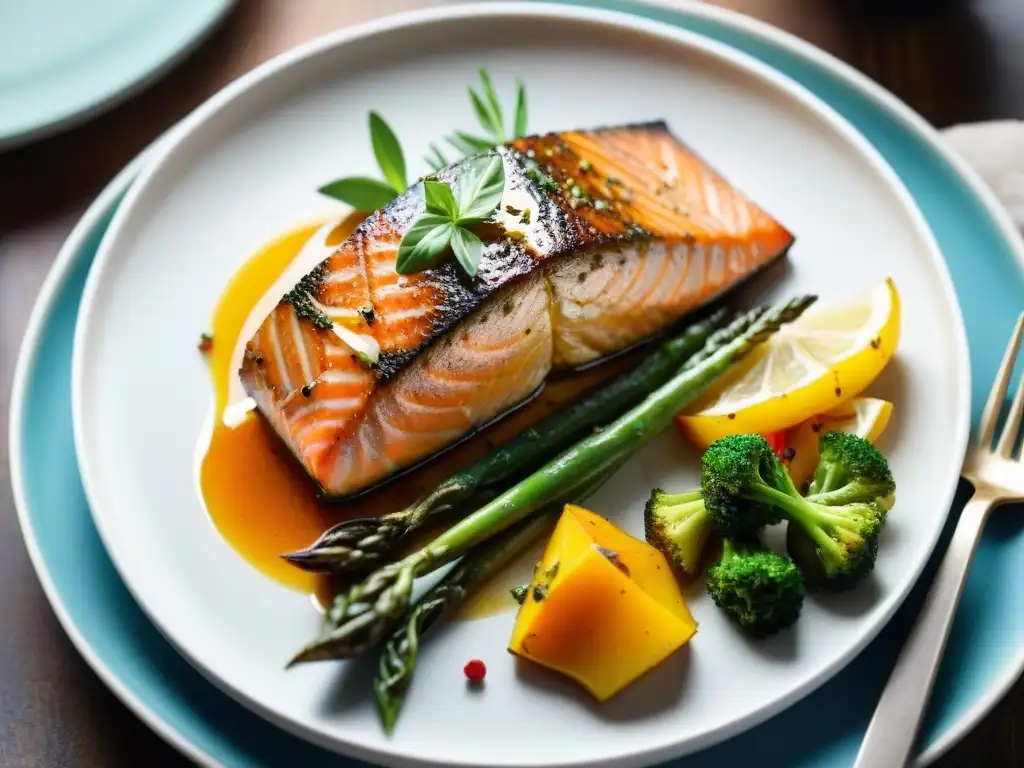 Un exquisito plato de salmón al horno sin gluten, bañado en glaseado de miel y hierbas frescas, con verduras asadas