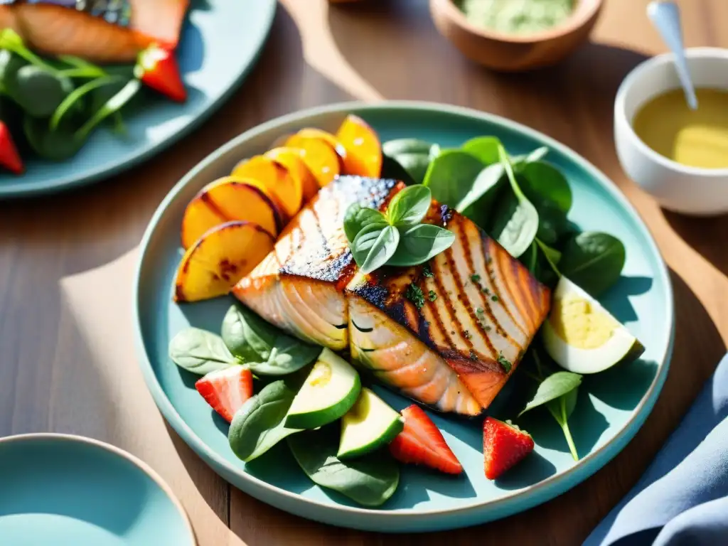 Deléitate con un exquisito plato Paleo sin gluten lleno de color y frescura en una mesa rústica iluminada suavemente