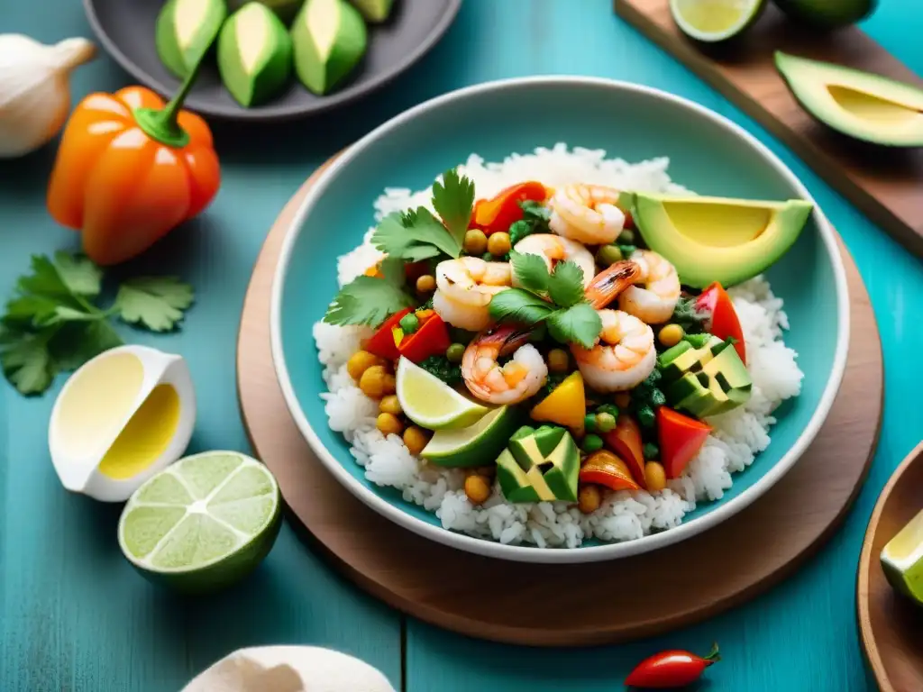 Un exquisito plato de mariscos latinos sin gluten: camarones, vieiras, cilantro, limón, aguacate y pimientos, en una presentación colorida y detallada