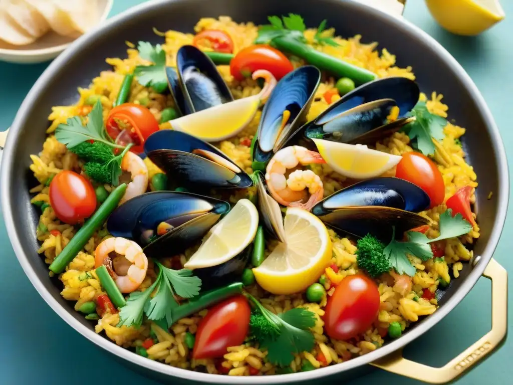 Un exquisito plato de paella sin gluten en Almería, con arroz, mariscos y vegetales vibrantes, adornado con perejil y limón