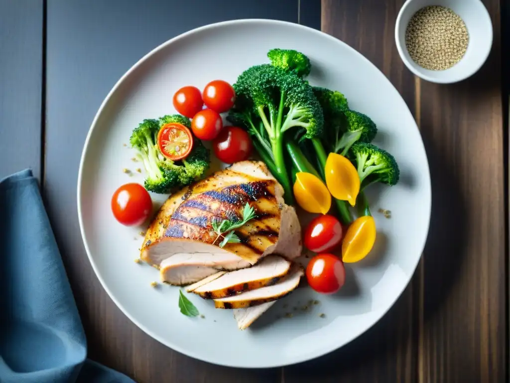 Un exquisito plato de pollo a la parrilla, ensalada de quinua y vegetales frescos, ideal para una dieta FODMAP baja en gluten